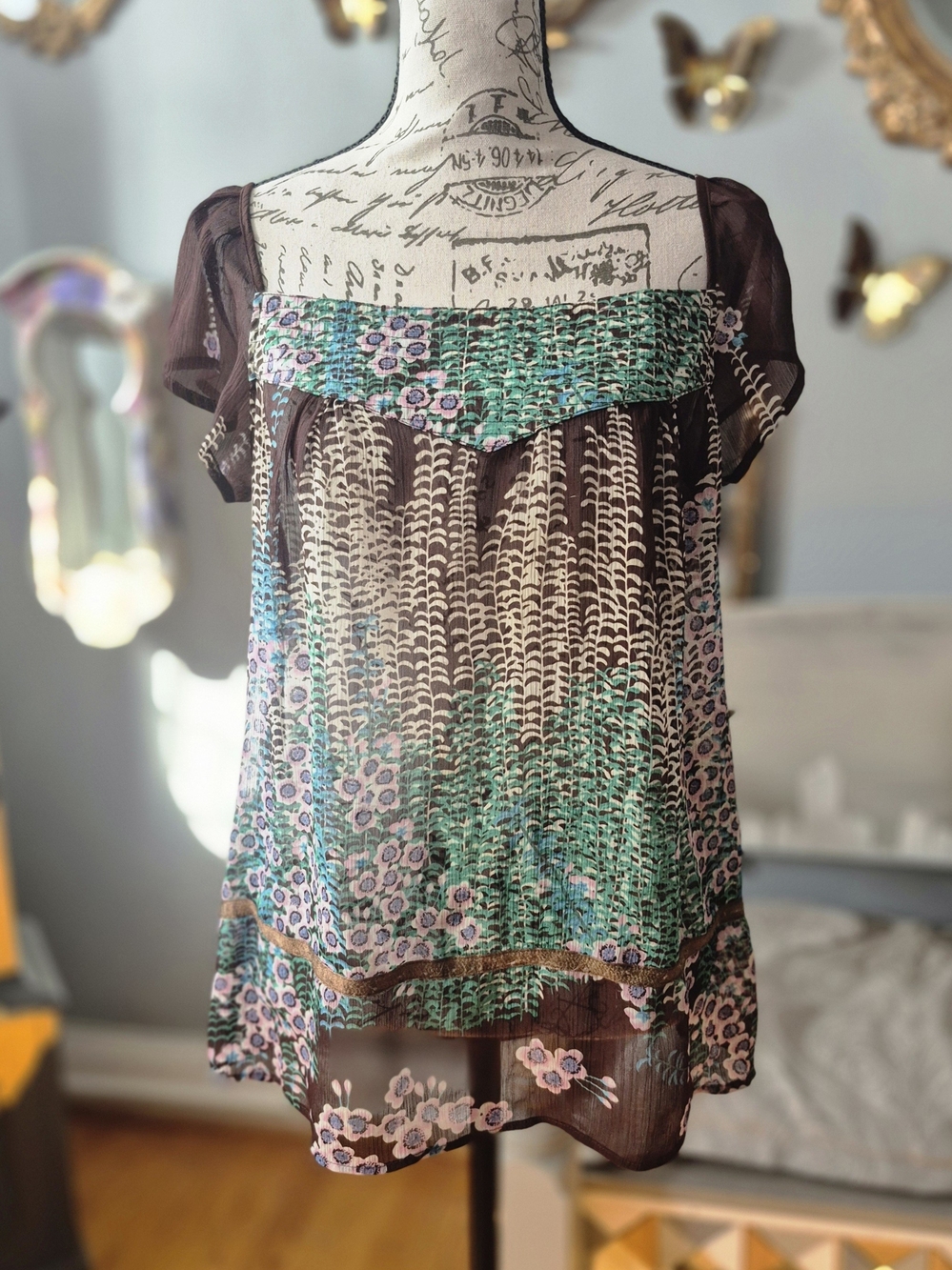 Boho Floral Sheer Square-Neck Women’s Top in Brown and Teal